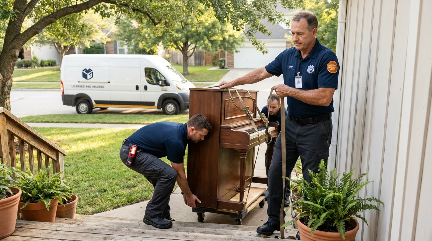 Licensed piano movers securing grand piano in Maple Heights, OH