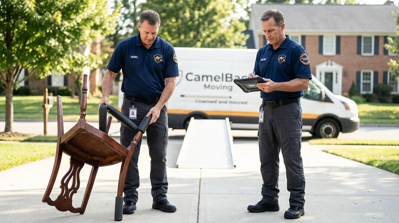 Movers inspecting furniture for damage prevention before loading in Maple Heights, OH