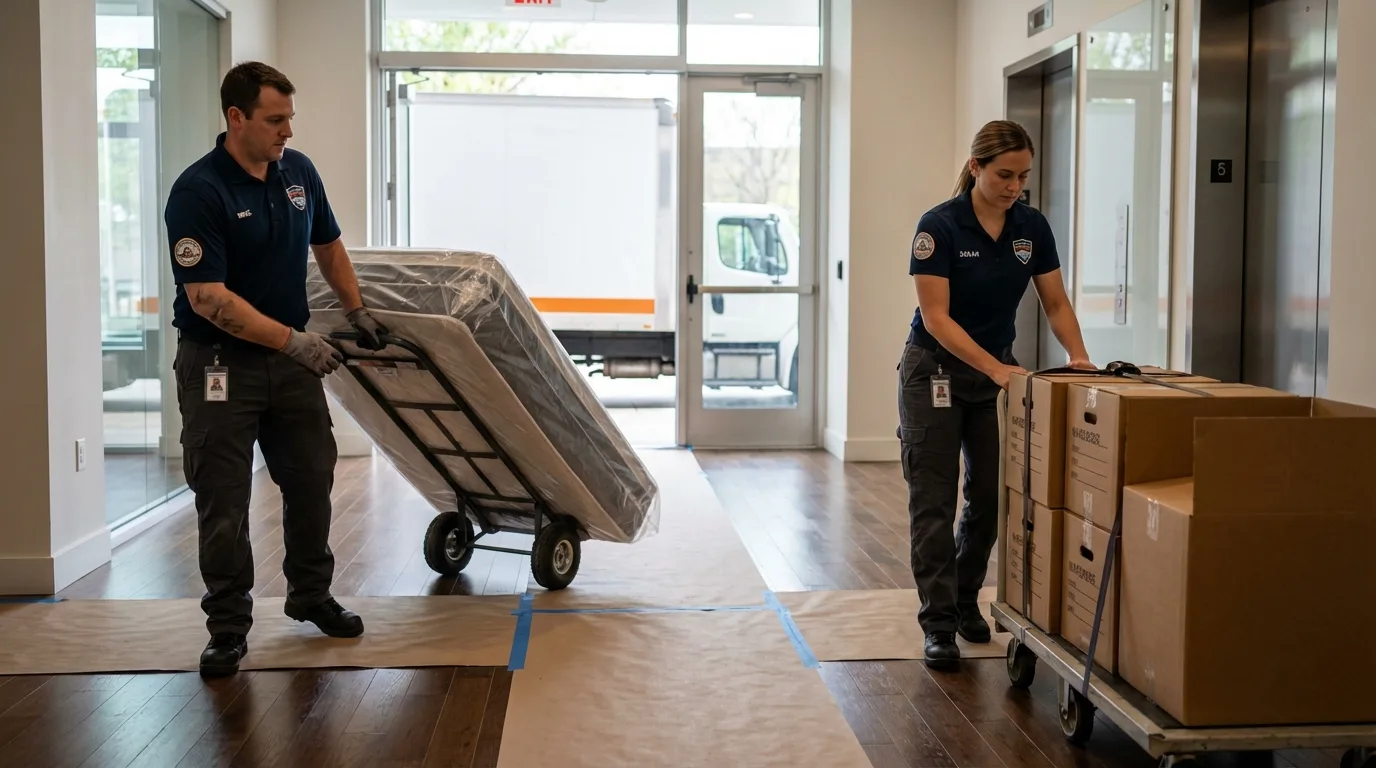Professional apartment movers loading elevator in Maple Heights, OH