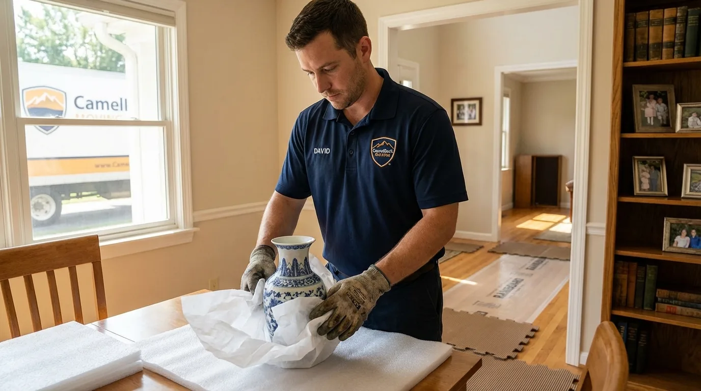 Professional crew carefully wrapping antique vase for senior downsizing move in Maple Heights, OH